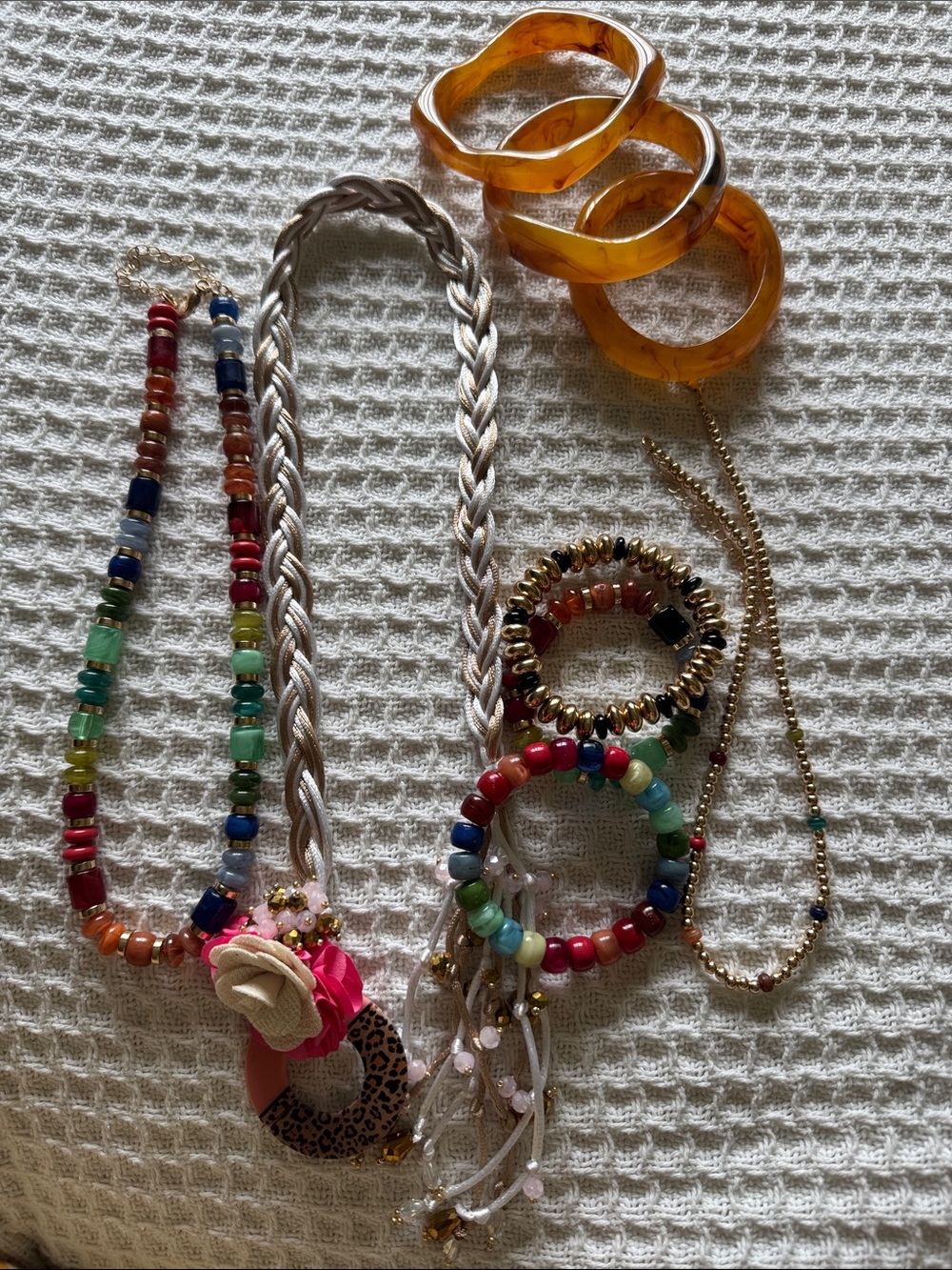 Source Unknown Multicolor Beaded Necklace and Bracelet Set with Amber Bangles